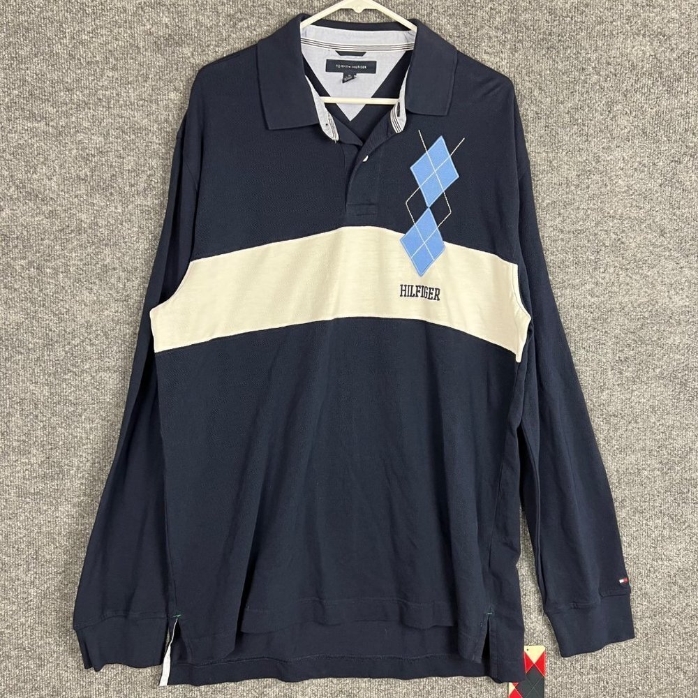 NEW $79 Tommy Hilfiger Blue Argyle Polo‎ Button Shirt Men’s Size XL